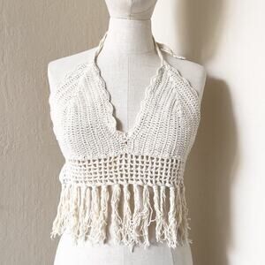 Boho Hand Crochet Halter Tassel Cropped Top Large Cream Boho Western Festival